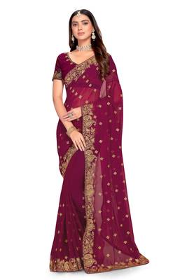 Wine Embroidered Georgette Saree With Blouse Piece 1