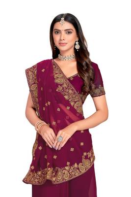 Wine Embroidered Georgette Saree With Blouse Piece 2
