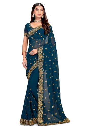Turquoise Embroidered Georgette Saree With Blouse Piece