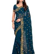 Turquoise Embroidered Georgette Saree With Blouse Piece