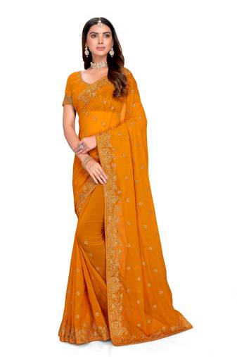 Mustard Embroidered Georgette Saree With Blouse Piece