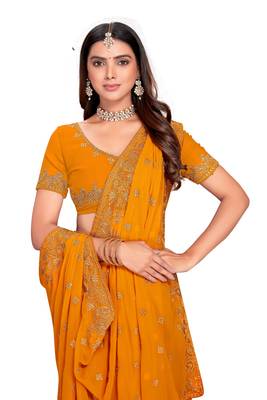Mustard Embroidered Georgette Saree With Blouse Piece 2