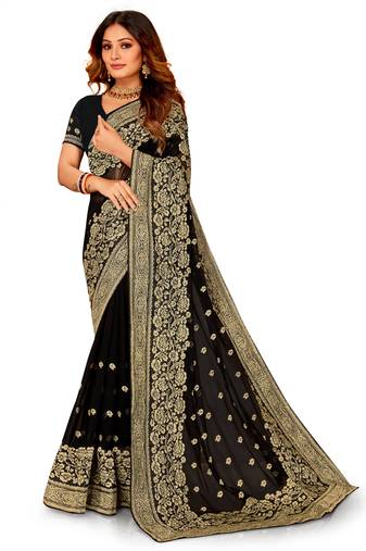 Black Embroidered Georgette Saree With Blouse Piece
