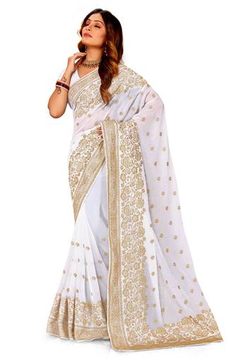 White Embroidered Georgette Saree With Blouse Piece