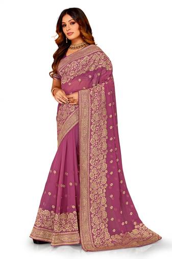 Pink Embroidered Georgette Saree With Blouse Piece