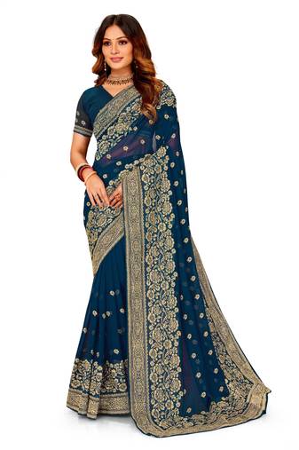 Turquoise Embroidered Georgette Saree With Blouse Piece