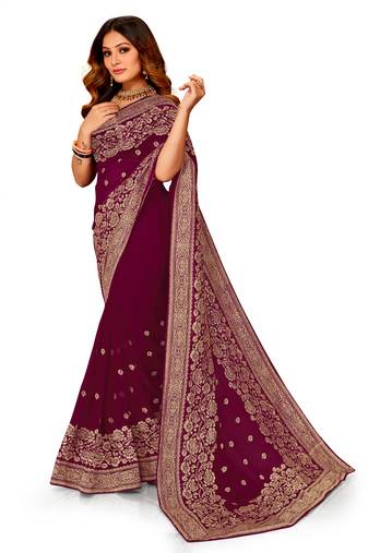 Wine Embroidered Georgette Saree With Blouse Piece