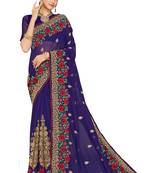 Navy Blue Embroidered Georgette Saree With Blouse Piece