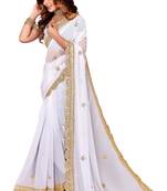 White Embroidered Georgette Saree With Blouse Piece