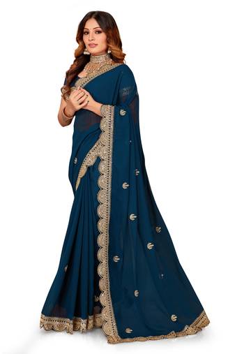 Teal Embroidered Georgette Saree With Blouse Piece