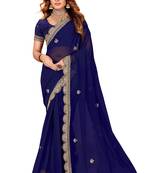 Navy Blue Embroidered Georgette Saree With Blouse Piece