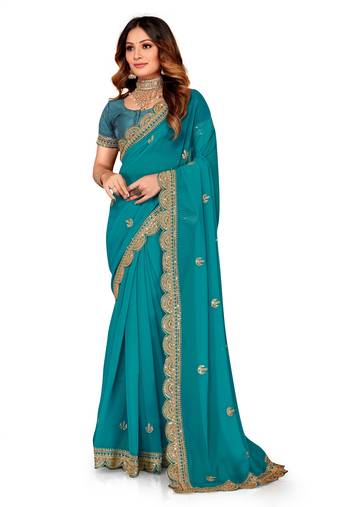 Turquoise Embroidered Georgette Saree With Blouse Piece