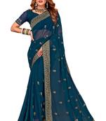 Turquoise Embroidered Georgette Saree With Blouse Piece