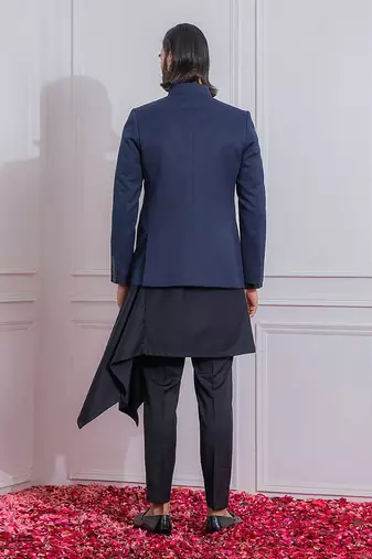 Navy blue and black khuzdar bandhgala set