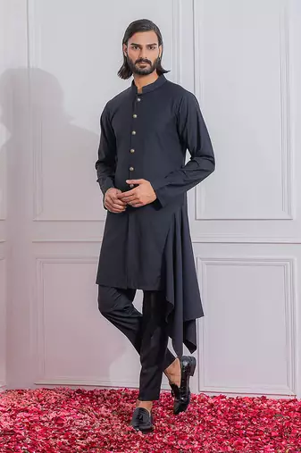 Navy blue and black khuzdar bandhgala set