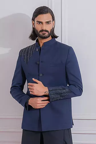 Navy blue and black khuzdar bandhgala set