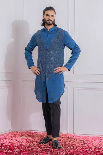 Space blue mansehra open jacket set