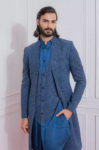 Space blue mansehra open jacket set