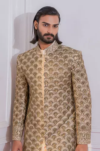 Gold nawabshah sherwani set