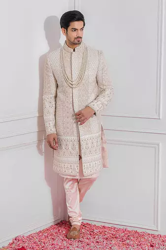 Off white sadiqabad sherwani set