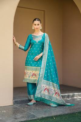Beautiful Rama Colour Woven Paithnai Designer Fancy Girlish Banarasi Silk Salwaar Kameez 1