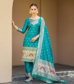 Beautiful Rama Colour Woven Paithnai Designer Fancy Girlish Banarasi Silk Salwaar Kameez