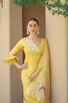 Beautiful Yellow Colour Woven Paithnai Designer Fancy Girlish Banarasi Silk Salwaar Kameez 2
