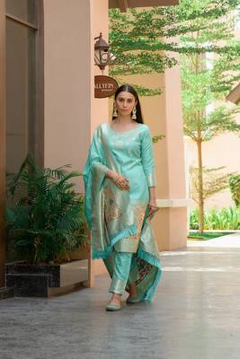 Beautiful Firozi Colour Woven Paithnai Designer Fancy Girlish Banarasi Silk Salwaar Kameez 1