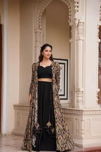 Black Colour Palazzo Dress With Shrug For Fancy Girlish Looks