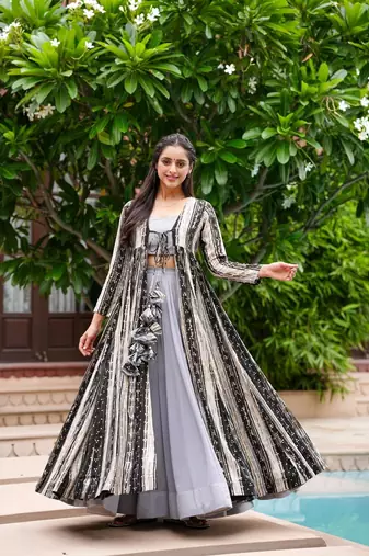 Grey Colour Palazzo Dress With Shrug For Fancy Girlish Looks