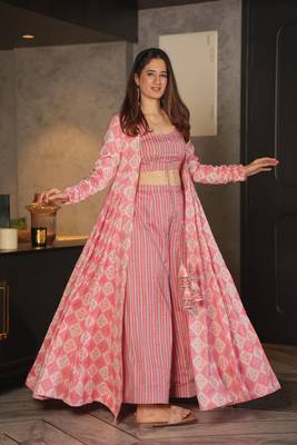 Rayon Printed Pink Palazzo Set with Jacket 1