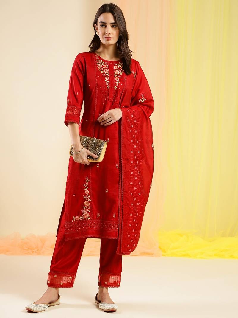 Red Colour Resham Floral Embroidered Ethnic Festive Salwaar Kameez