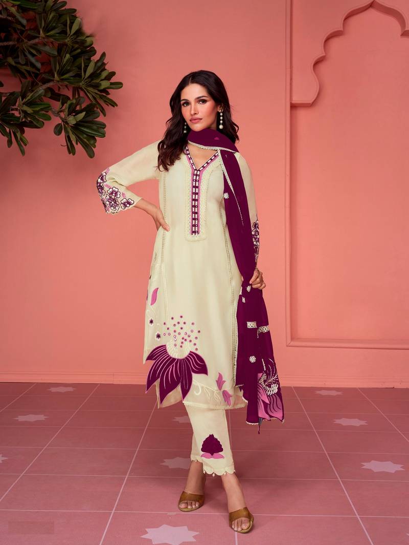 Ethnic Festive Wear Cream Colour Georgette Salwaar Kameez With Purple Colour Resham Embroidery And Dupatta