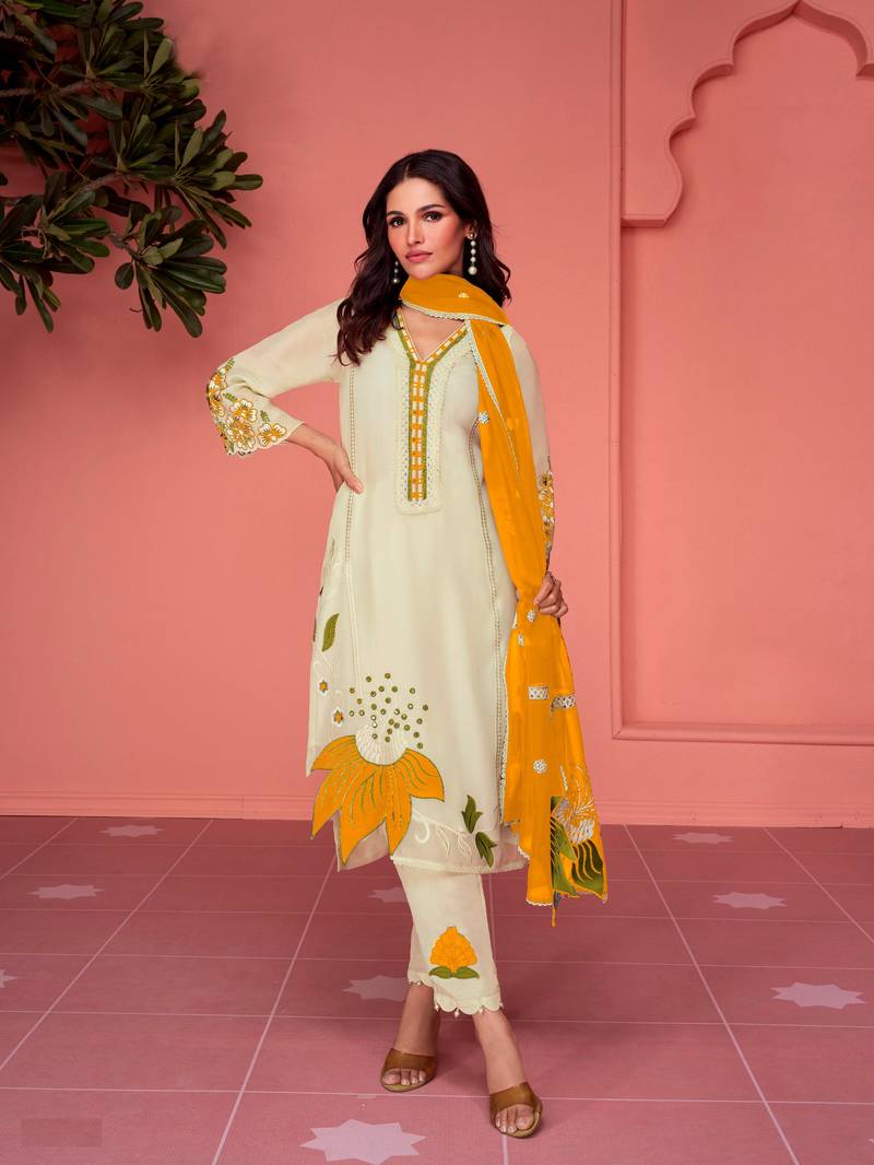 Ethnic Festive Wear Cream Colour Georgette Salwaar Kameez With Yellow Colour Resham Embroidery And Dupatta