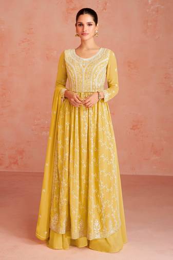 Yellow Colour Designer Thread Work Fancy Palazzo Dress For Partywear