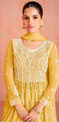 Yellow Colour Thread Work Fancy Palazzo Dress For Partywear 3