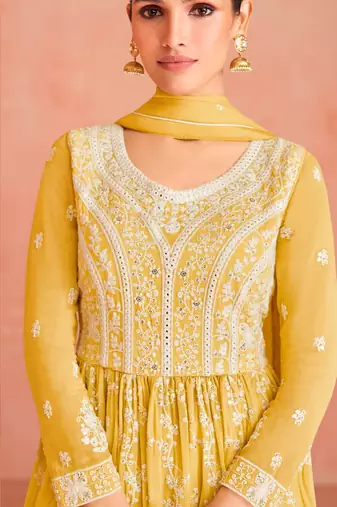 Yellow Colour Thread Work Fancy Palazzo Dress For Partywear