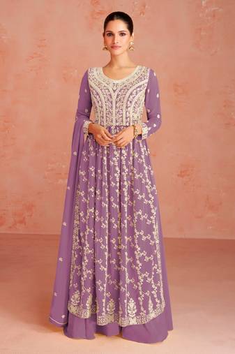 Purple Colour Designer Thread Work Fancy Palazzo Dress For Partywear