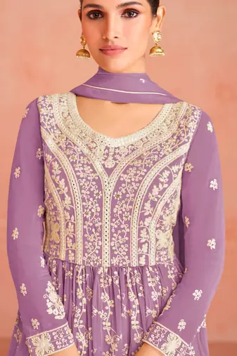 Purple Colour Thread Work Fancy Palazzo Dress For Partywear
