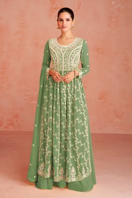 Green Colour Thread Work Fancy Palazzo Dress For Partywear 1