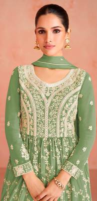 Green Colour Thread Work Fancy Palazzo Dress For Partywear 3