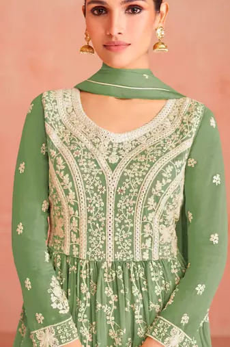 Green Colour Thread Work Fancy Palazzo Dress For Partywear
