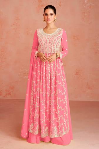 Pink Colour Designer Thread Work Fancy Palazzo Dress For Partywear
