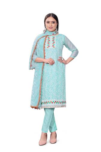 Resham Embroidered Sky Blue Colour Ethnic Festive Suit For Girls