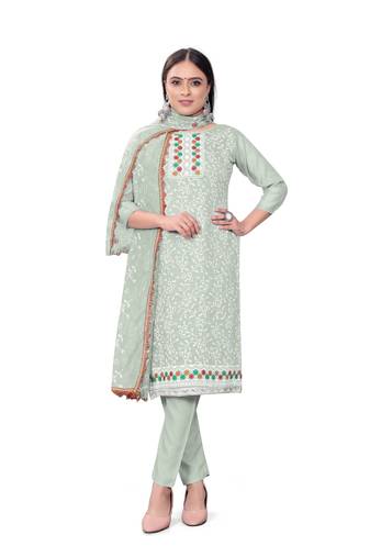 Resham Embroidered Pista Colour Ethnic Festive Suit For Girls
