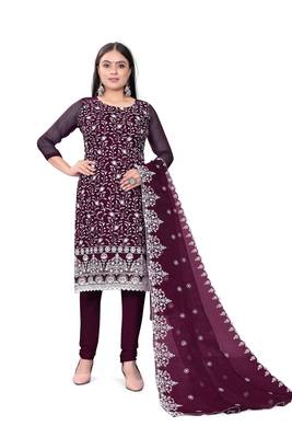 Resham Embroidered Wine Colour Ethnic Festive Suit For Girls 1