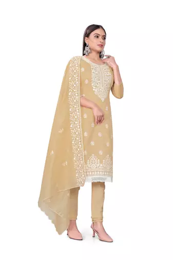 Beige Colour Resham Embroidered Office Wear Cotton Salwaar Kameez