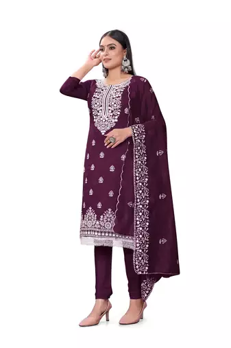 Wine Colour Resham Embroidered Office Wear Cotton Salwaar Kameez
