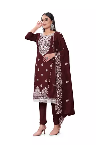 Coffee Colour Resham Embroidered Office Wear Cotton Salwaar Kameez