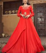 Designer Red Colour Embroidered Partywear Gown For Girlish Looks
